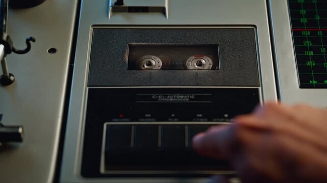 Hands pressing rewind button on old sound recorder closeup. Unrecognizable man