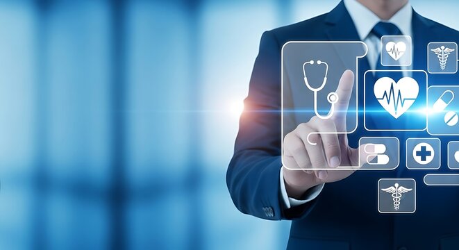 Businessman's hand interacting with a glowing futuristic medical healthcare interface on a blue background. - Powered by Adobe