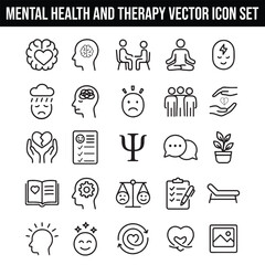 Mental Health and Therapy Vector Icon Set with Adjustable Line Weight Featuring Brain, Speech Bubble, Puzzle, Conversation, Meditation, Lotus, Support, Call, Empathy, 24/7, Cloud Thinking, and Checkle