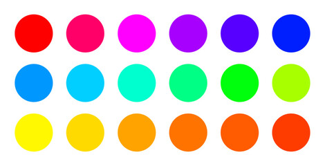 Different colors vector set. All bright and deep colors with round shapes. Red, pink, purple, blue, green, yellow, orange colors. Vector illustration.