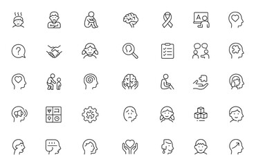 Neurodiversity support and autism awareness concept vector illustration with line icons showing behavior signs, therapy, emotional communication, inclusive education for children, mental health.