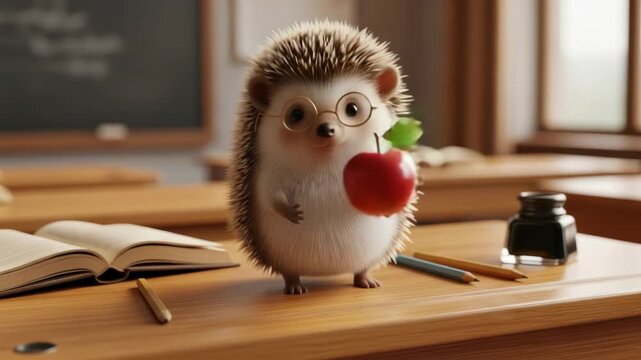 Adorable Hedgehog Teacher Holding Red Apple in Wooden Classroom
