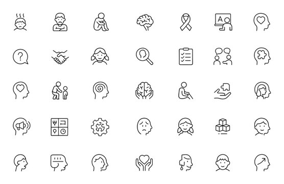 Neurodiversity support and autism awareness concept vector illustration with line icons showing behavior signs, therapy, emotional communication, inclusive education for children, mental health.