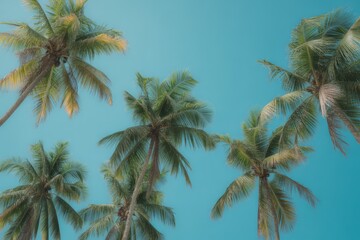 Fototapeta premium Green palm fronds against bright blue sky palm trees