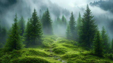 Fototapeta premium Soft mist rising from the ground in a foggy morning scene