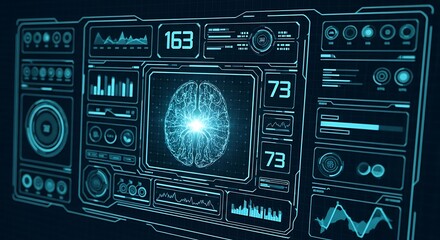 Futuristic human brain scan glowing at the center of a complex holographic HUD interface displaying medical data.