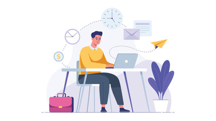 Work-from-Home Productivity — Person at Desk Using Laptop with Clock, Paper Plane, Coin, Envelope, and Briefcase Illustrating Remote Workflow