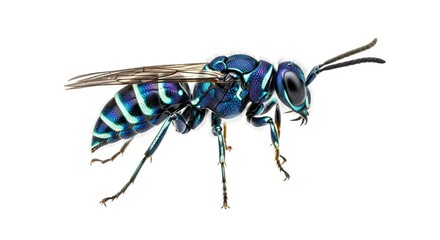 A detailed macro photograph of a vibrant blue metallic wasp with black stripes isolated on a white background