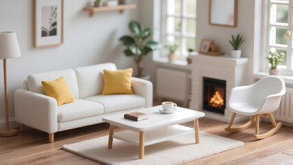 3D rendered warm living room home scene