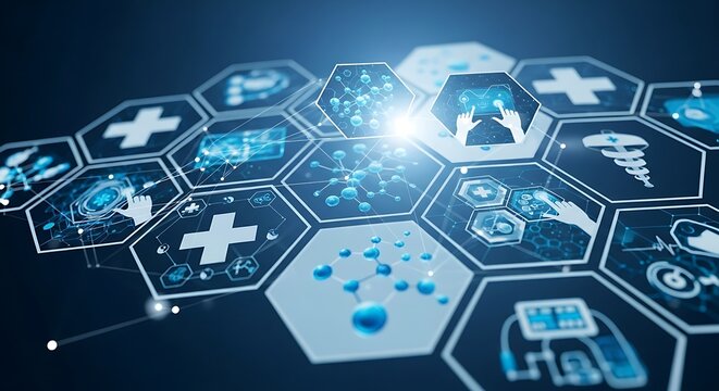 Abstract Hexagonal Grid Displaying Interconnected Medical Icons and Molecular Structures - Powered by Adobe