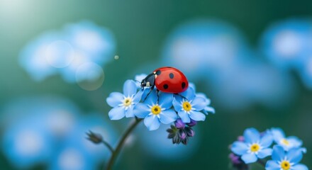 Red ladybug resting on delicate blue forget me not flowers with soft green background