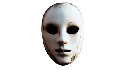 Mysterious criminal figure wearing face mask with hidden identity and obscured features isolated on white background