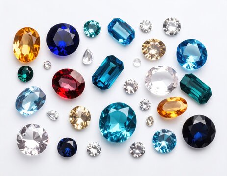 Collection of colorful precious gemstones including diamonds, sapphires, emeralds, and topaz in various cuts displaying brilliant faceted sparkle.