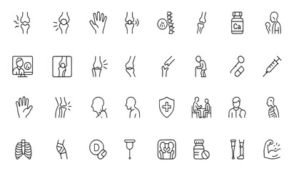 Vector medical icon set: thin linear pictograms illustrating healthcare, arthritis, inflammation, osteoporosis, skeleton, calcium supplement, diagnosis, pain, injury, injection.