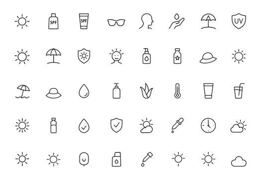 Vector icon set of sun protection glyphs: sunscreen, SPF, sunglasses, skin safety, skincare, beach umbrella, UV shield, summer care, hat; black silhouette pictogram illustration.