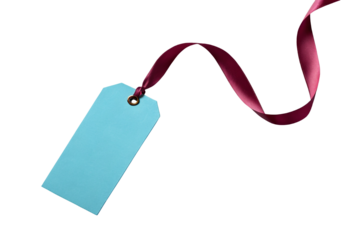 Blue price tag with ribbon string isolated on white or transparent background