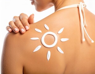 Woman applying sunscreen lotion in sun shape pattern on tanned back demonstrating proper UV protection and summer skincare routine.