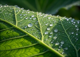 Fototapeta premium Close up of a vibrant green leaf with numerous clear water droplets resting on its textured surface, shimmering brightly in soft natural light.