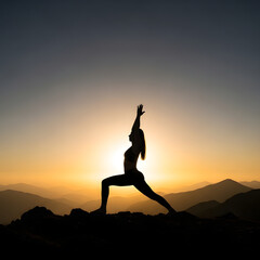 Silhouette of woman meditating on mountain during sunrise. Peaceful vibe for wellness brands and spa ads.