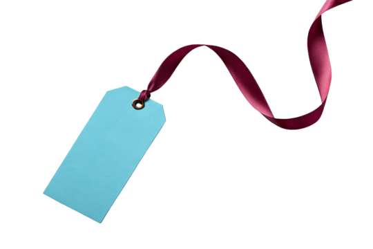 Blue price tag with ribbon string isolated on white or transparent background