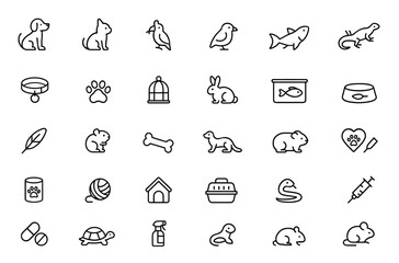 Vector pets icon set: thin linear pictograms of domestic animals including dog, cat, bird, rabbit, fish, lizard; minimalist line illustrations for animal lovers, pets, vector, design, icons