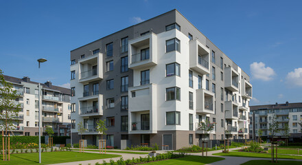 Modern apartment building architecture with balconies and green lawn, showcasing urban living and contemporary design