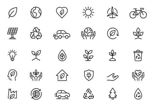 Eco-Friendly Sustainability icon set. Thin linear vector pictograms illustrating renewable energy, solar panel, wind turbine, recycling, sustainable transportation, organic farming