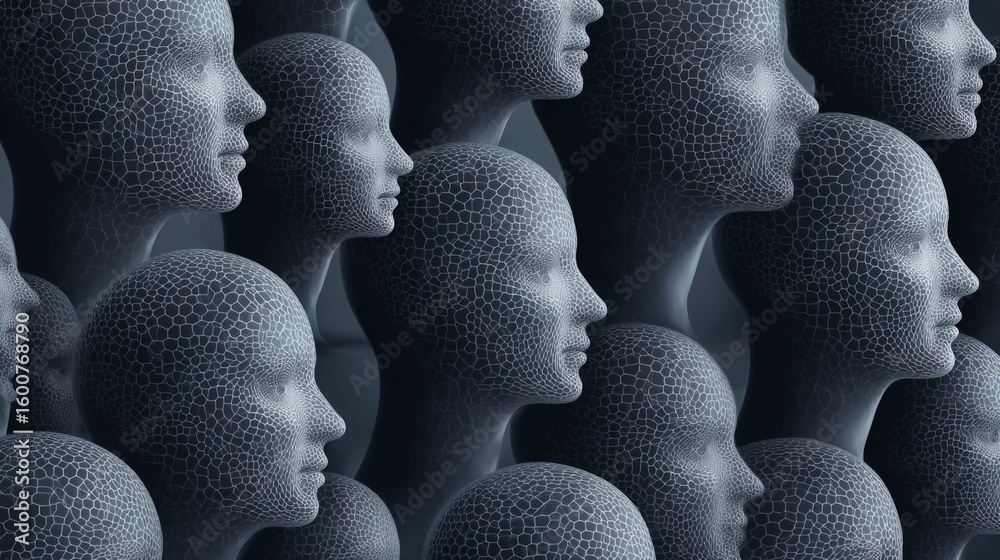 Poster abstract rendering of multiple human heads with a network like texture