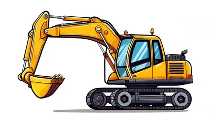Bright yellow hydraulic excavator illustration with black tracks on a white background.