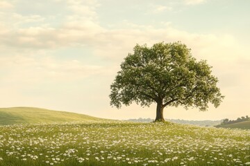 Large tree stands in a field of flowers