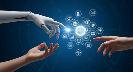 Robotic and Human Hands Connecting with Futuristic Technology Icons Blue Background.