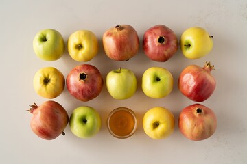 Fresh apples and pomegranates beautifully arranged with a bowl of golden honey, perfect for healthy eating and Rosh Hashanah celebrations.