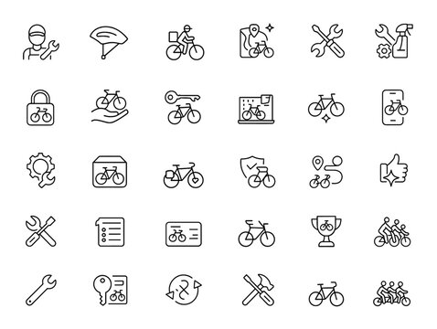 Subscription bicycle services icon set, thin linear vector pictograms of mechanic, helmet, delivery, customization, cleaning, locker, spare parts, storage, illustration, cycling and more.