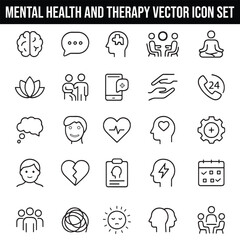 Mental Health and Therapy Vector Icon Set with Adjustable Line Weight Featuring Brain, Speech Bubble, Puzzle, Conversation, Meditation, Lotus, Support, Call, Empathy, 24/7, Cloud Thinking, and Checkle