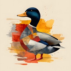 A mallard duck illustrated in a flat design style with watercolor and geometric textures, featuring a vibrant blue head and a body composed of colorful facets against an abstract background.