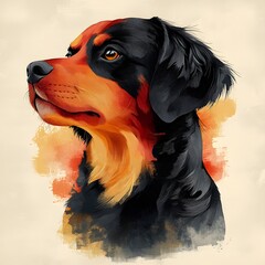 A striking illustration of a dog in a flat design style with watercolor textures, featuring a blend of black and warm orange hues, looking thoughtfully upwards.