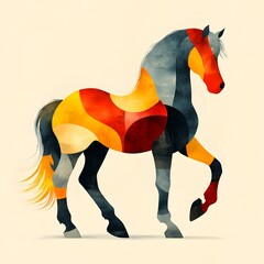 A stylized horse illustration in a flat design style, featuring a blend of warm and cool tones with abstract, watercolor-like segments.