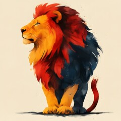 A majestic lion illustrated in a flat design style with watercolor textures, featuring a vibrant mane of red and orange, contrasting with a dark blue body.