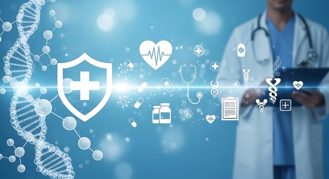 Medical shield icon with a cross, surrounded by a swirling array of digital health icons and a DNA strand