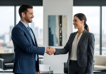 A professional man, appearing to be in his 30s, and a woman, also in her 30s, both happy, shake hands in a modern office