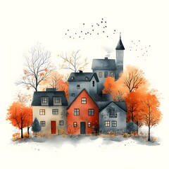 A whimsical flat-design watercolor illustration of a quaint village or town, featuring charming houses with colorful autumn trees and a flock of birds in the sky.