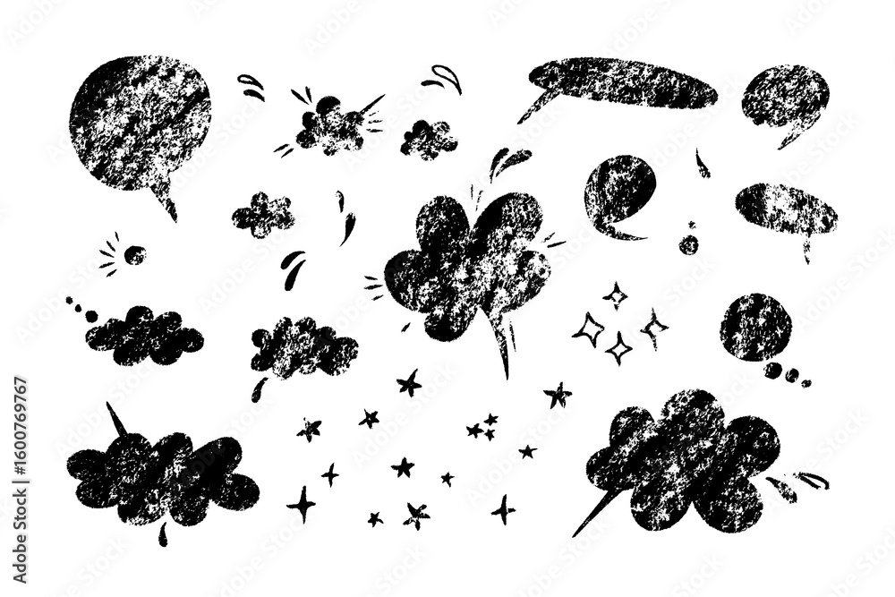 Fototapete cute hand drawn speech bubble vector set. textured vector shapes of call out clouds with drops and s