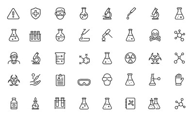 Laboratory Safety and Chemistry line icon set – vector pictograms of scientific research, chemical experiments, lab equipment, molecule science, chemist, microscope, thin linear illustration