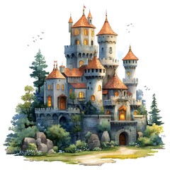 A whimsical watercolor illustration of a fairytale castle nestled amongst lush trees and rocks, with glowing windows and a charming path.