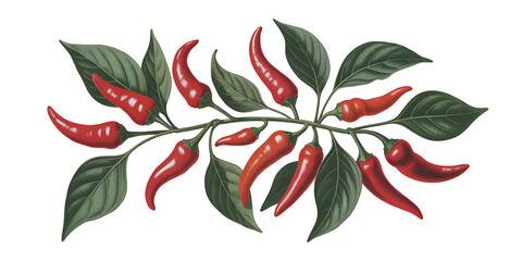 Fototapeta premium Red Chili Peppers Watercolor Illustration with Green Leaves on Transparent Background for Spicy Food Designs