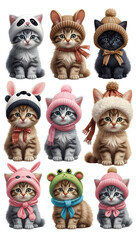 A collection of cute fluffy kittens in different cozy costumes, isolated on a transparent background, Generative AI