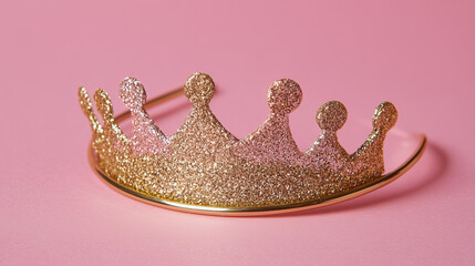 Charming flat lay of a pink and gold glitter princess crown headband on a candy pink background — perfect for a birthday party or special performance.