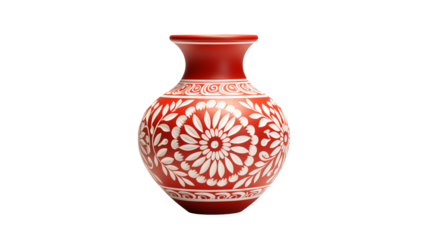 A red vase with white floral designs on a transparent background in a studio setting showcasing art