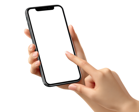 Close-up of hands holding a modern smartphone with a blank screen, finger touching the display