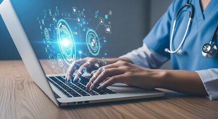 Medical professional typing on a laptop with an innovative digital healthcare interface